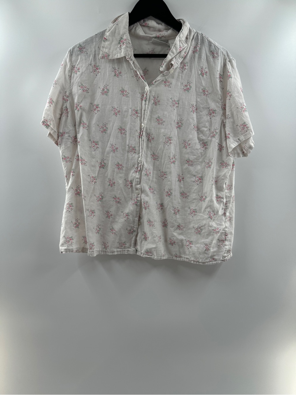 Fashion Bug White Pink Floral Short Sleeve Button Up Shirt Women’s XL